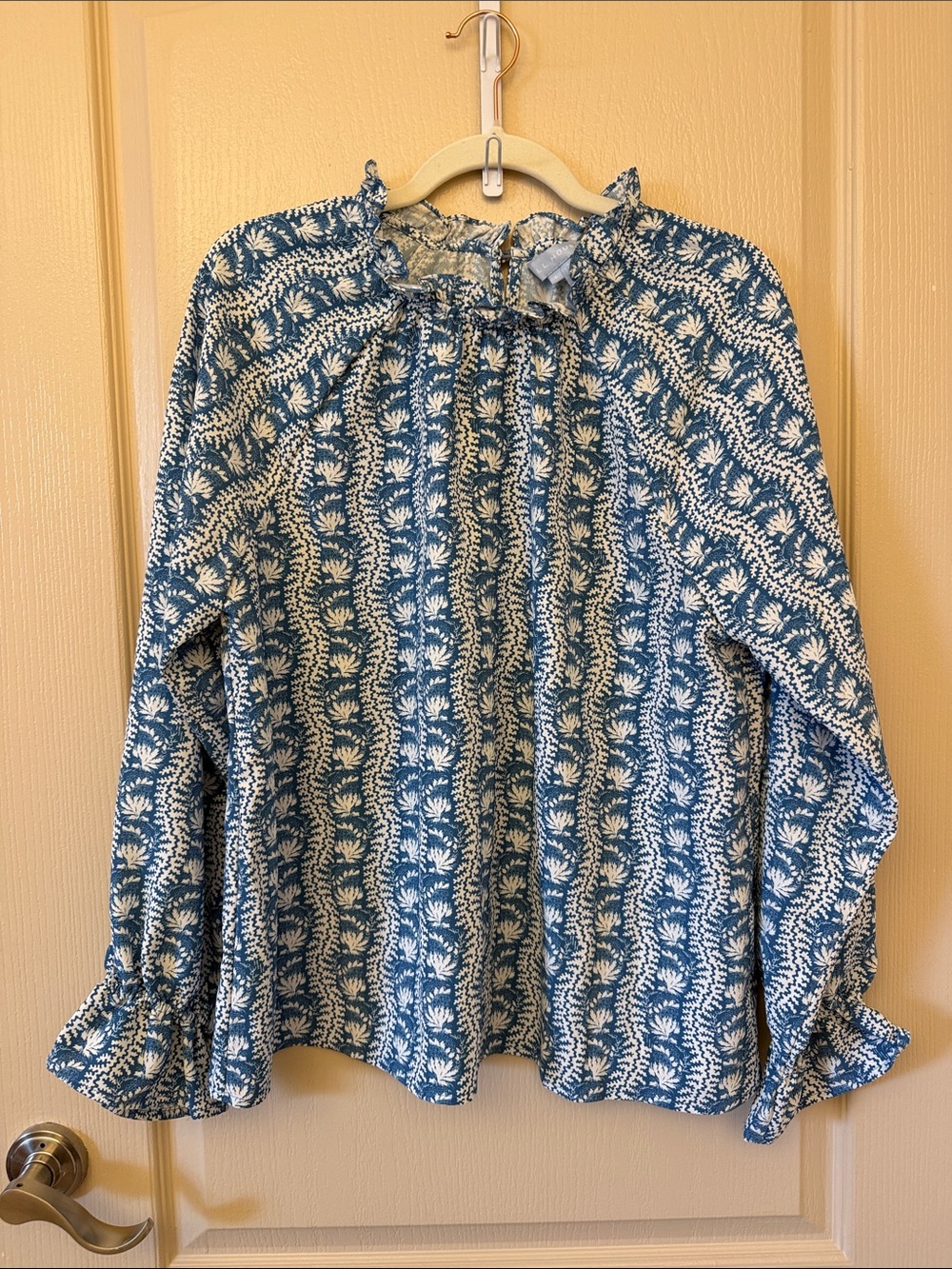 Hill House Blue Floral Ruffle Neck Long-Sleeve Women's Top